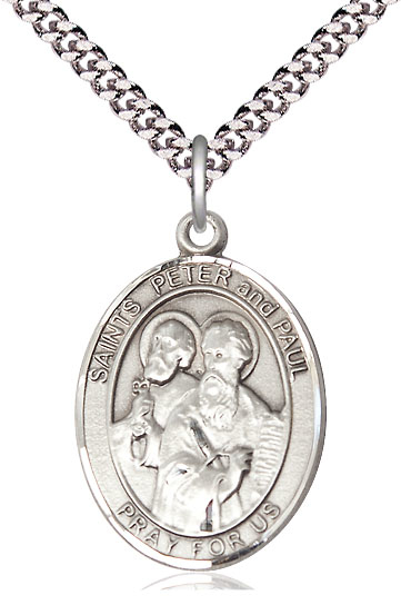 Sterling Silver Saint Peter St Paul Pendant on a 24 inch Light Rhodium Heavy Curb chain