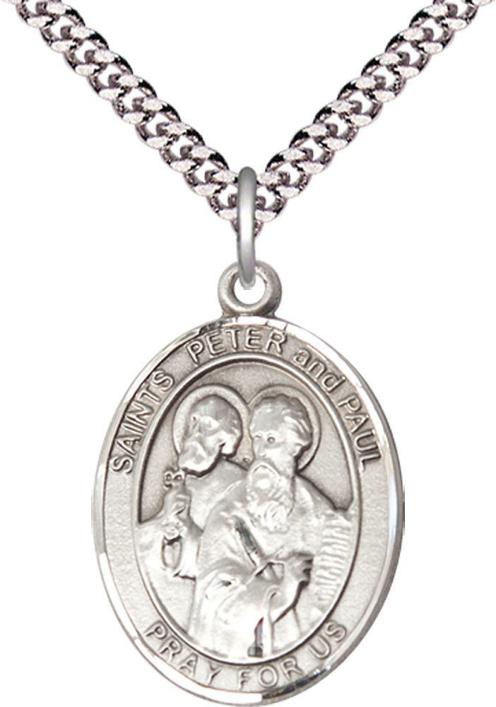 Sterling Silver Saint Peter St Paul Pendant on a 24 inch Light Rhodium Heavy Curb chain