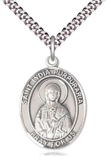 Sterling Silver Saint Lydia Purpuraria Pendant on a 24 inch Light Rhodium Heavy Curb chain