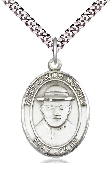 Sterling Silver Saint Damien of Molokai Pendant on a 24 inch Light Rhodium Heavy Curb chain