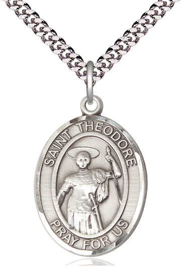 Sterling Silver Saint Theodore Stratelates Pendant on a 24 inch Light Rhodium Heavy Curb chain