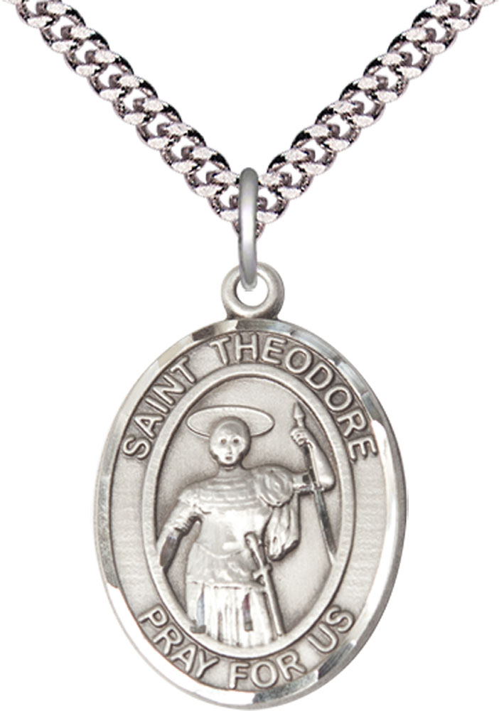 Sterling Silver Saint Theodore Stratelates Pendant on a 24 inch Light Rhodium Heavy Curb chain