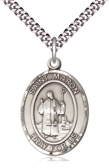 Sterling Silver Saint Maron Pendant on a 24 inch Light Rhodium Heavy Curb chain