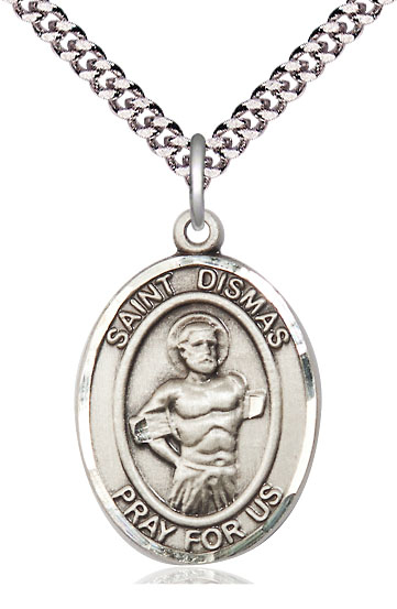 Sterling Silver Saint Dismas Pendant on a 24 inch Light Rhodium Heavy Curb chain