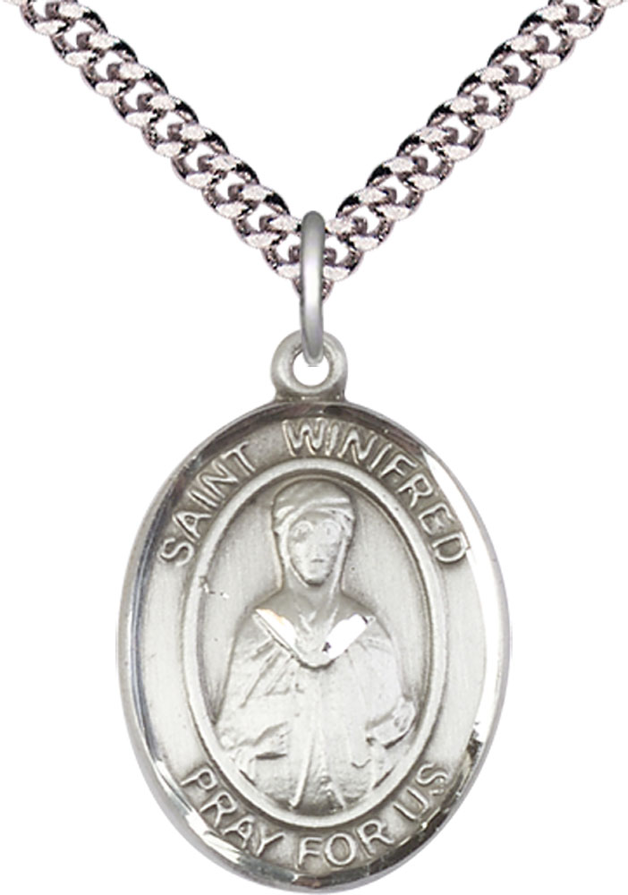 Sterling Silver Saint Winifred of Wales Pendant on a 24 inch Light Rhodium Heavy Curb chain