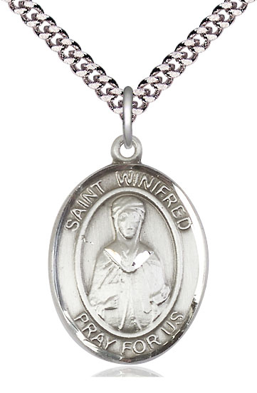 Sterling Silver Saint Winifred of Wales Pendant on a 24 inch Light Rhodium Heavy Curb chain