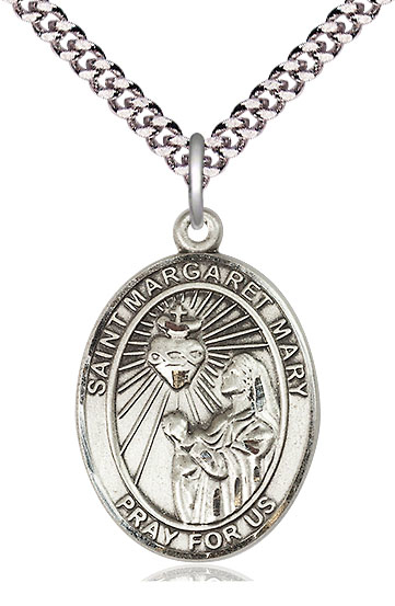 Sterling Silver Saint Margaret Mary Alacoque Pendant on a 24 inch Light Rhodium Heavy Curb chain