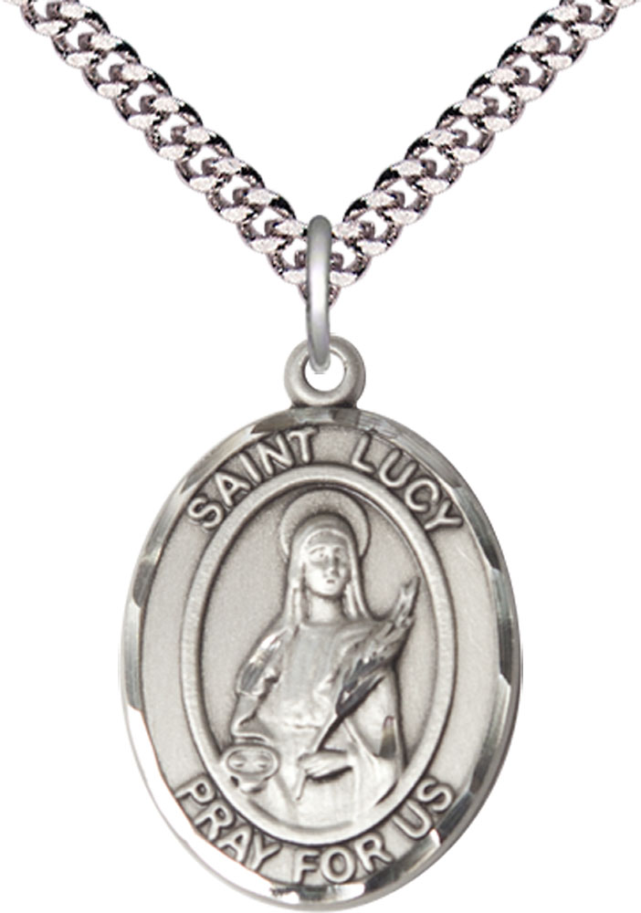 Sterling Silver Saint Lucy Pendant on a 24 inch Light Rhodium Heavy Curb chain
