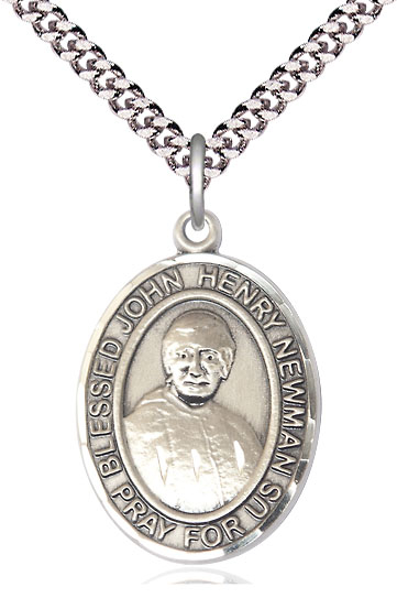 Sterling Silver Blessed John Henry Newman Pendant on a 24 inch Light Rhodium Heavy Curb chain
