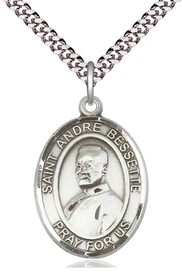 Sterling Silver Saint Andre Bessette Pendant on a 24 inch Light Rhodium Heavy Curb chain