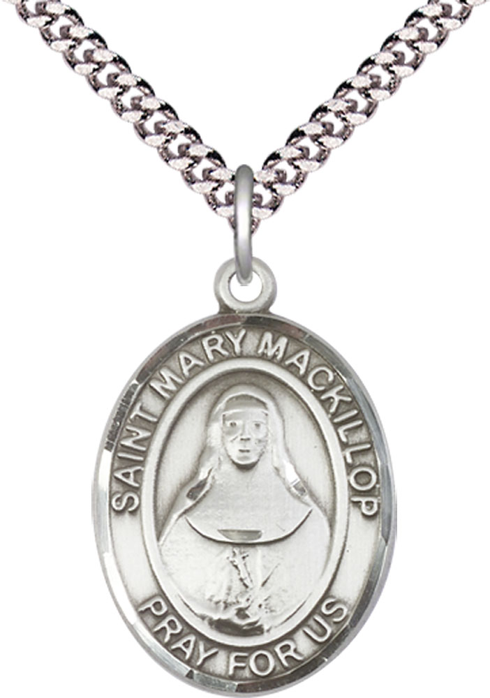 Sterling Silver Saint Mary Mackillop Pendant on a 24 inch Light Rhodium Heavy Curb chain