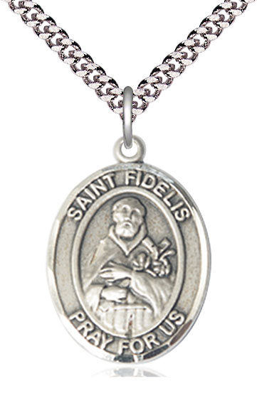 Sterling Silver Saint Fidelis Pendant on a 24 inch Light Rhodium Heavy Curb chain