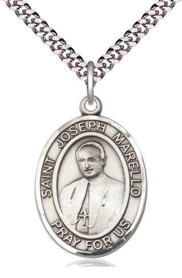 Sterling Silver Saint Joseph Marello Pendant on a 24 inch Light Rhodium Heavy Curb chain