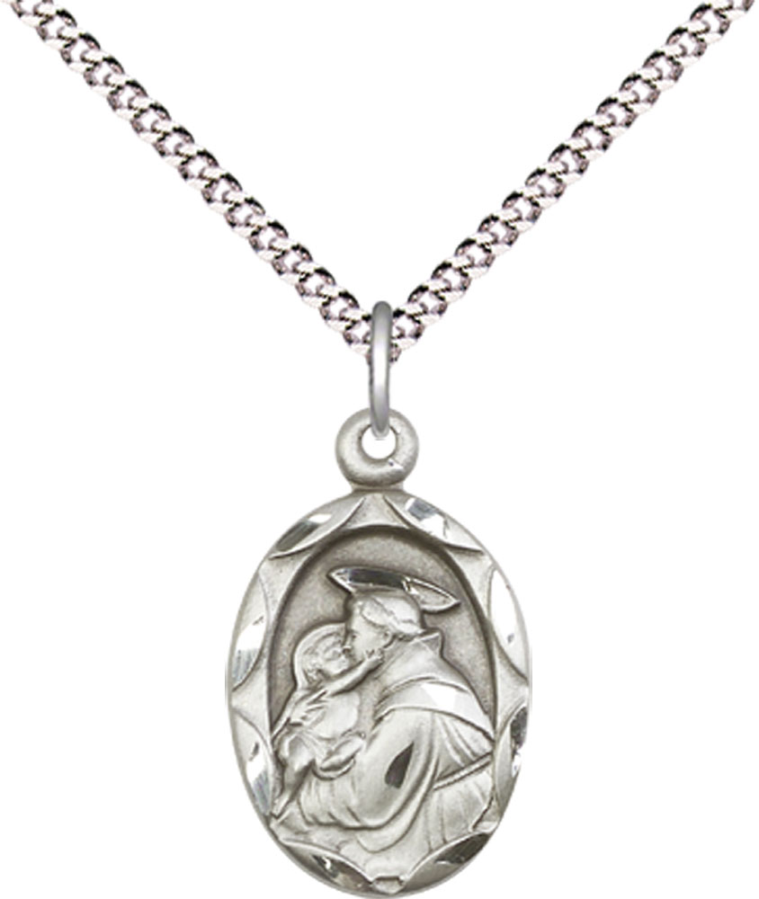 Sterling Silver Saint Anthony of Padua Pendant on a 18 inch Light Rhodium Light Curb chain