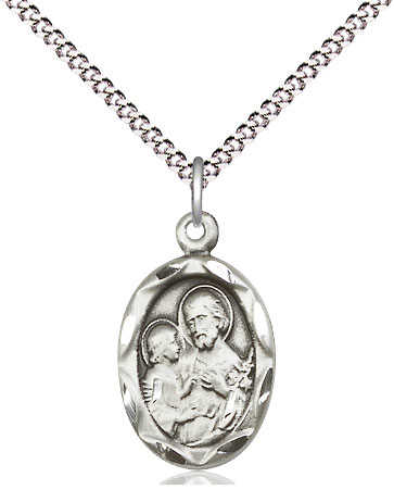 Sterling Silver Saint Joseph Pendant on a 18 inch Light Rhodium Light Curb chain