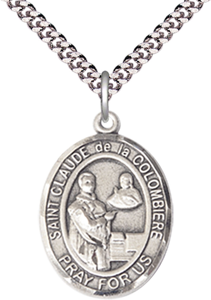 Sterling Silver Saint Claude de la Colombiere Pendant on a 24 inch Light Rhodium Heavy Curb chain