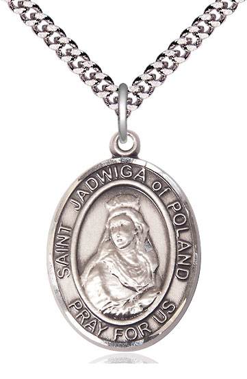 Sterling Silver Saint Jadwiga of Poland Pendant on a 24 inch Light Rhodium Heavy Curb chain