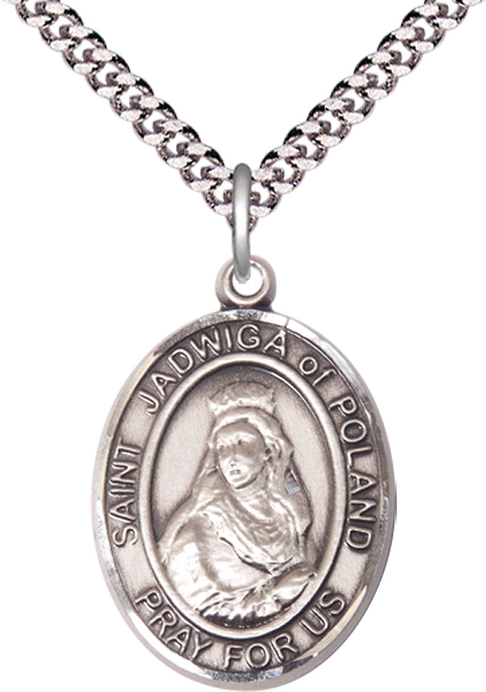 Sterling Silver Saint Jadwiga of Poland Pendant on a 24 inch Light Rhodium Heavy Curb chain