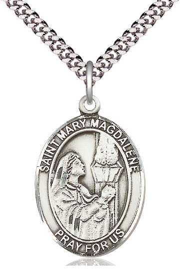 Sterling Silver Saint Mary Magdalene Pendant on a 24 inch Light Rhodium Heavy Curb chain