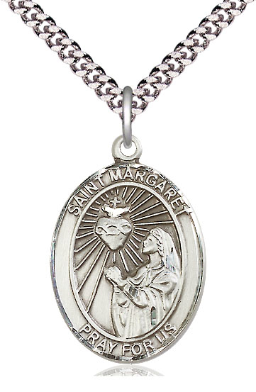 Sterling Silver Saint Margaret Mary Alacoque Pendant on a 24 inch Light Rhodium Heavy Curb chain