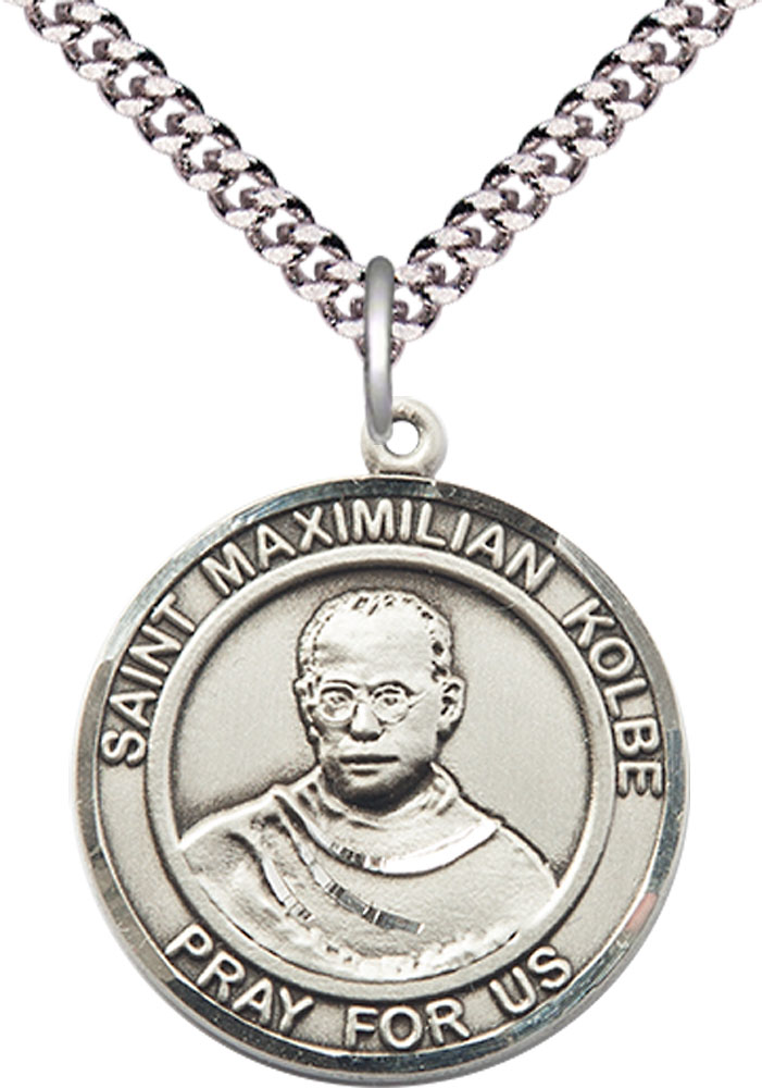 Sterling Silver Saint Maximilian Kolbe Pendant on a 24 inch Light Rhodium Heavy Curb chain