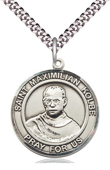 Sterling Silver Saint Maximilian Kolbe Pendant on a 24 inch Light Rhodium Heavy Curb chain