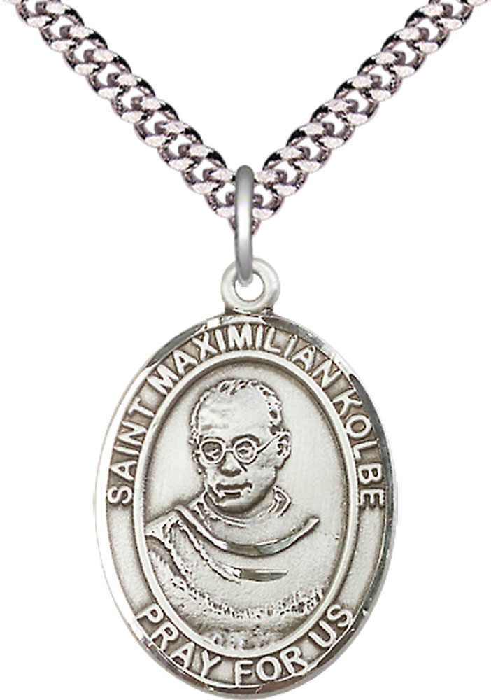 Sterling Silver Saint Maximilian Kolbe Pendant on a 24 inch Light Rhodium Heavy Curb chain