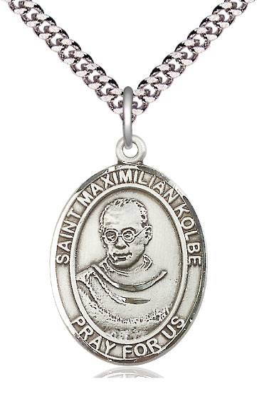 Sterling Silver Saint Maximilian Kolbe Pendant on a 24 inch Light Rhodium Heavy Curb chain