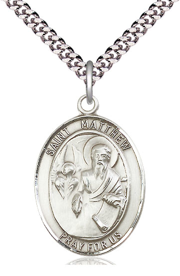 Sterling Silver Saint Matthew the Apostle Pendant on a 24 inch Light Rhodium Heavy Curb chain