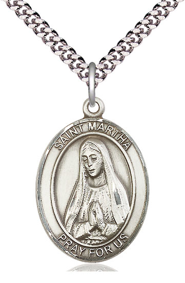 Sterling Silver Saint Martha Pendant on a 24 inch Light Rhodium Heavy Curb chain