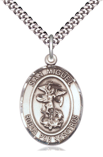 Sterling Silver San Miguel Arcangel Pendant on a 24 inch Light Rhodium Heavy Curb chain