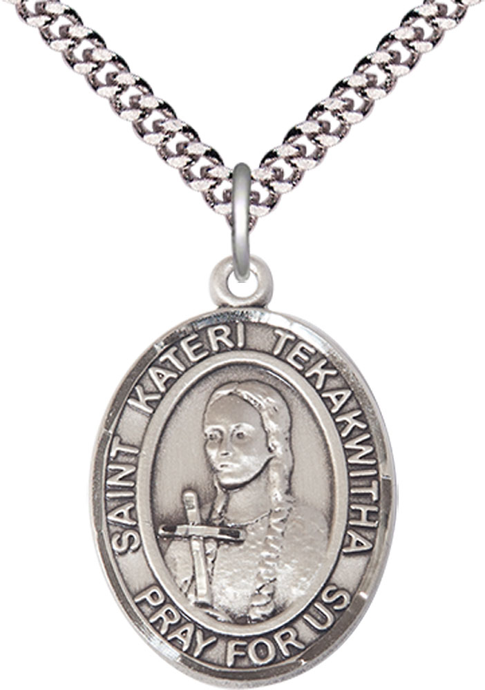 Sterling Silver Saint Kateri Tekakwitha Pendant on a 24 inch Light Rhodium Heavy Curb chain