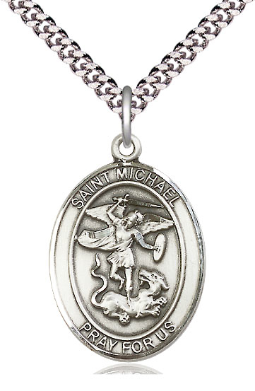 Sterling Silver Saint Michael the Archangel Pendant on a 24 inch Light Rhodium Heavy Curb chain