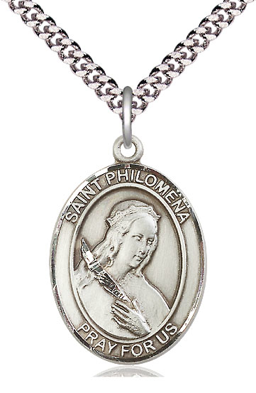 Sterling Silver Saint Philomena Pendant on a 24 inch Light Rhodium Heavy Curb chain