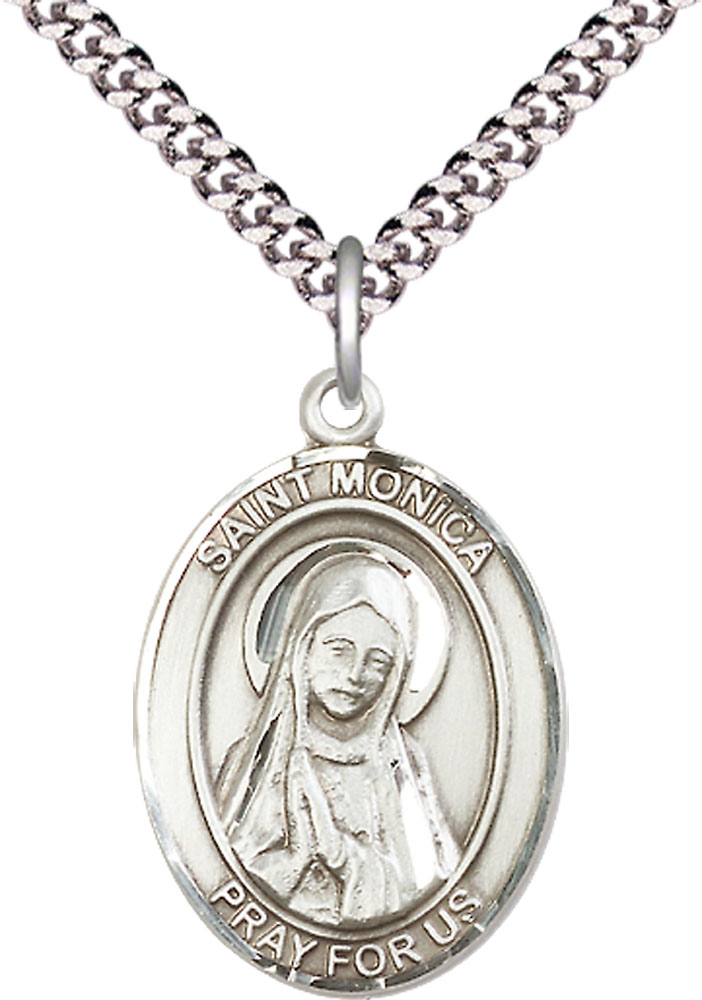 Sterling Silver Saint Monica Pendant on a 24 inch Light Rhodium Heavy Curb chain