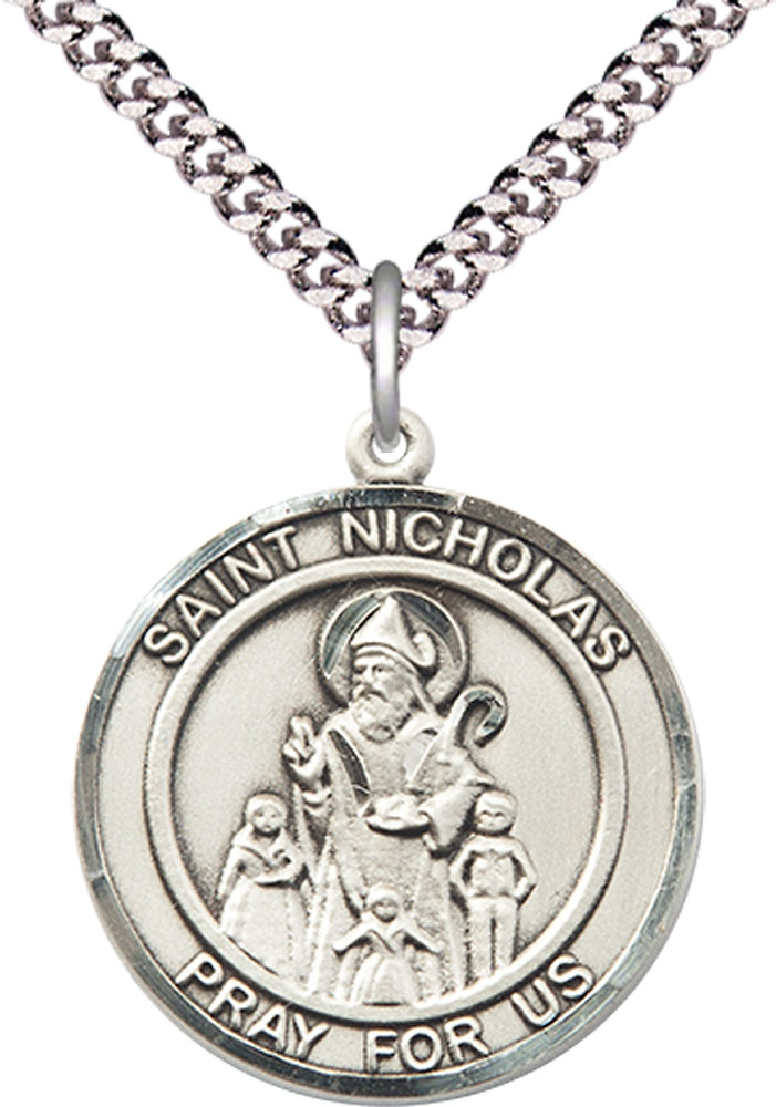 Sterling Silver Saint Nicholas Pendant on a 24 inch Light Rhodium Heavy Curb chain