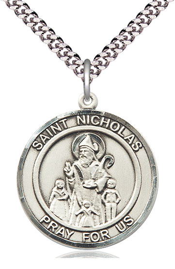 Sterling Silver Saint Nicholas Pendant on a 24 inch Light Rhodium Heavy Curb chain