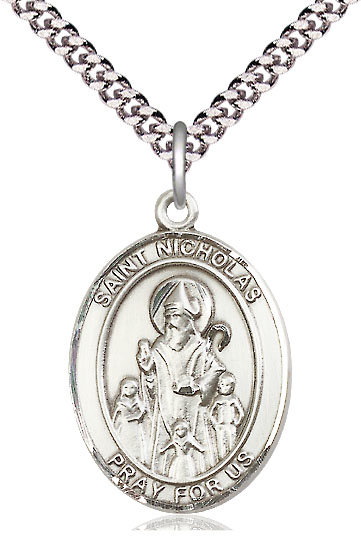 Sterling Silver Saint Nicholas Pendant on a 24 inch Light Rhodium Heavy Curb chain