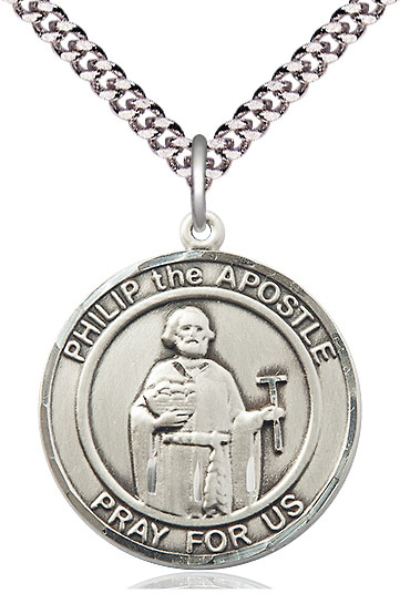 Sterling Silver Philip the Apostle Pendant on a 24 inch Light Rhodium Heavy Curb chain