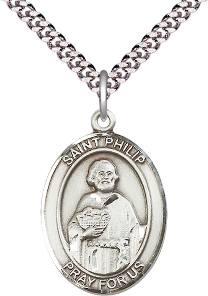 Sterling Silver Saint Philip the Apostle Pendant on a 24 inch Light Rhodium Heavy Curb chain
