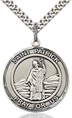 Sterling Silver Saint Patrick Pendant on a 24 inch Light Rhodium Heavy Curb chain