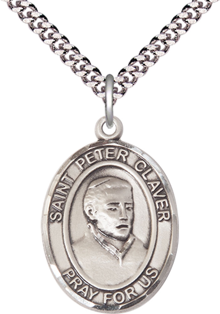 Sterling Silver Saint Peter Claver Pendant on a 24 inch Light Rhodium Heavy Curb chain