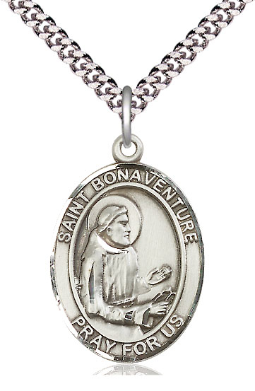 Sterling Silver Saint Bonaventure Pendant on a 24 inch Light Rhodium Heavy Curb chain