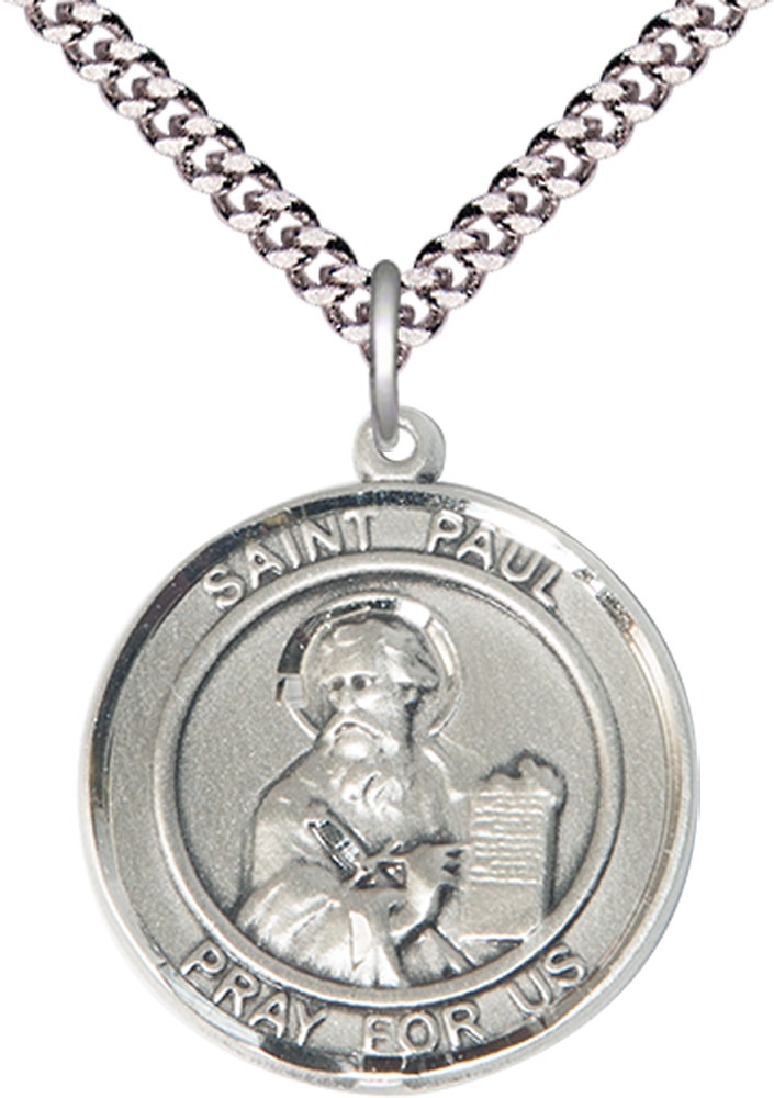 Sterling Silver Saint Paul the Apostle Pendant on a 24 inch Light Rhodium Heavy Curb chain