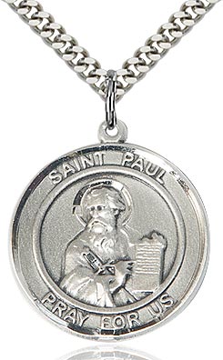 Sterling Silver Saint Paul the Apostle Pendant on a 24 inch Light Rhodium Heavy Curb chain