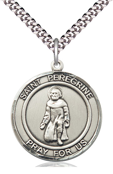 Sterling Silver Saint Peregrine Pendant on a 24 inch Light Rhodium Heavy Curb chain