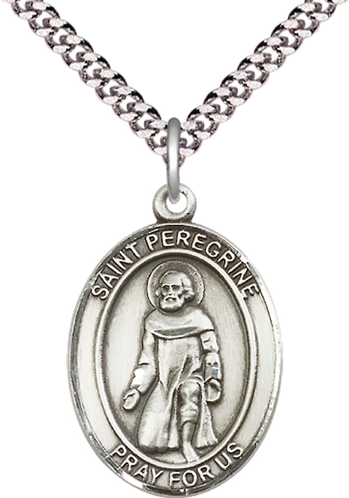 Sterling Silver Saint Peregrine Laziosi Pendant on a 24 inch Light Rhodium Heavy Curb chain