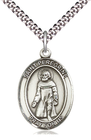 Sterling Silver Saint Peregrine Laziosi Pendant on a 24 inch Light Rhodium Heavy Curb chain