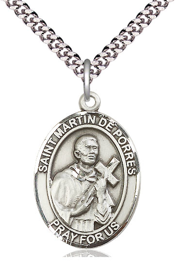 Sterling Silver Saint Martin de Porres Pendant on a 24 inch Light Rhodium Heavy Curb chain