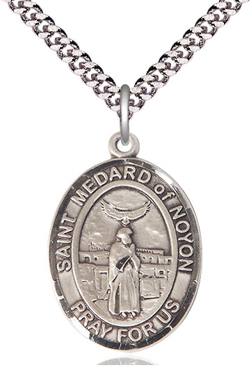 Sterling Silver Saint Medard of Noyon Pendant on a 24 inch Light Rhodium Heavy Curb chain